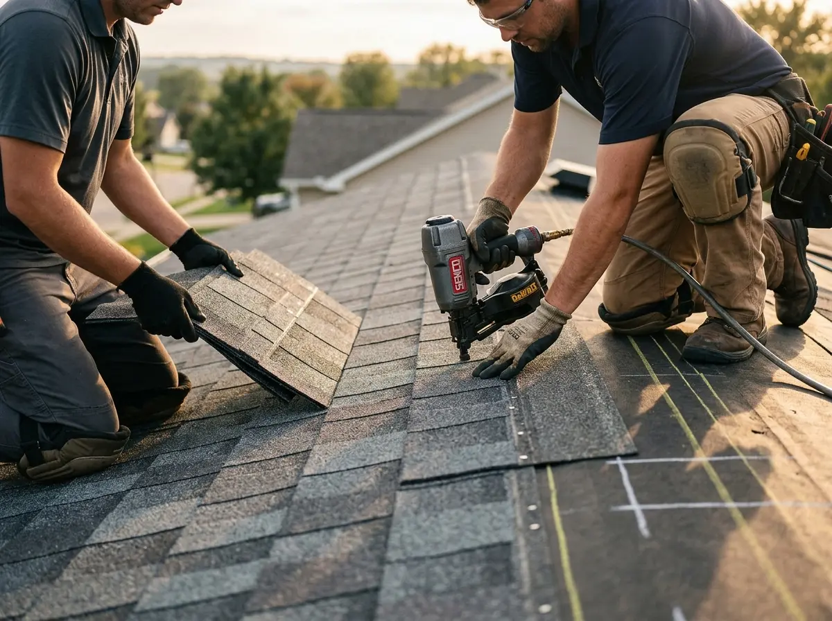 Professional roofer working on a residential roof in Cedarburg